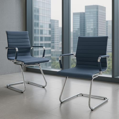 Ya-Home Set di 2 Sedia Cantilever Sedie Ufficio in Ecopelle Sedie da Reception per Sala Riunioni Sedia Visitatori con Braccioli per Ufficio, Conferenza, Sala d'attesa, Blu