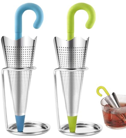 2 stycken paraplytesillar, tesil för löst te/tepåsar, tefilter i rostfritt stål, teägg för löst te för teälskare, vänner och familj (blå, grön)