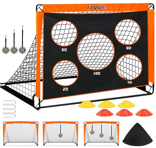 Fitencexu Fotbollsmål barnset med 5 skjuthål och 3 målskivor – vikbar 120 x 90 cm fotboll grind 6 träningshinder för trädgård/utomhus, inklusive bärväska och markankare