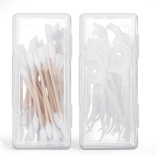 Portable Travel Cotton Bud Holder, 2 Pcs Clear Plastic Cotton Pad Storage Container, Small Dental Floss Picks Case with Dustproof Lid for Makeup Sponges, Hair Ties, Small Items