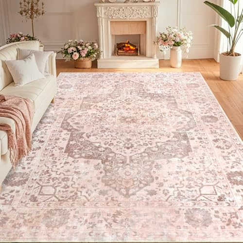 TUKDAK Alfombra vintage para salón, 200 x 280 cm, lavable para dormitorio, estilo bohemio, de pelo corto, para comedor, suave, antideslizante, para cocina, habitación infantil, color rosa