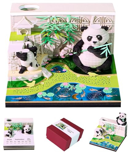 SIWEME 3D Calendar 2026 Paper Art Memo Pad,Tear-Away 3D Desk Time Piece Calendar DIY Note for Record, Bookmark, Gift & Office Decor (Panda Bamboo Garden)