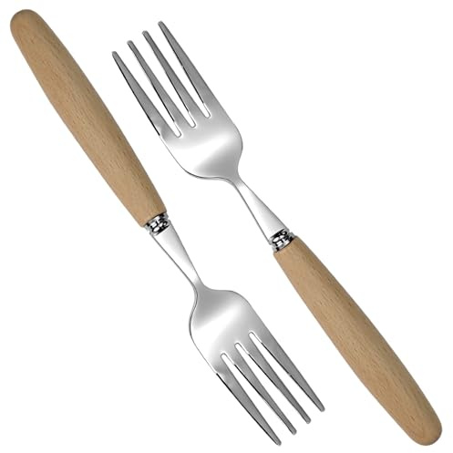 MEIYAHOME Low Luxury - Tenedores de pescado y ensalada de 17 cm, SUS304, acero inoxidable 18-10 de grado alimenticio, 4 dientes, mango de haya, diseño Ergo, para uso doméstico/té de la tarde