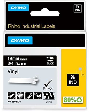DYMO Rhino-Industrie-Vinyletiketten | 9 mm x 5,5 m | weiß auf schwarz | selbstklebendes Schriftband | für DYMO Rhino und LabelManager Beschriftungsgerät