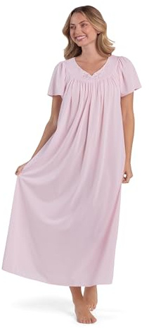 Miss Elaine Tricot Nightgown, Long Sleep Dress with Comfortable Lightweight Fabric, Flutter Sleeves (Large, Pink)