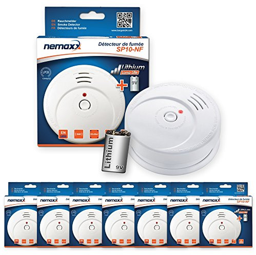 7x NEMAXX SP10-NF Détecteur de fumée photoélectrique avec pile au lithium de 10 ans, certifié NF - Selon DIN EN 14604