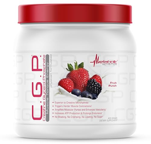 Metabolic Nutrition, CGP, Creatine Glycerol Phosphate, 100% Micronized Creatine Powder, Pre Intra Post Workout Supplement, Fruit Punch, 400 Grams (40 Servings)