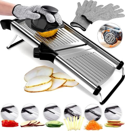 Medove Stainless Steel Mandoline Slicer for Kitchen – 6-Setting Adjustable, 16.5 x 5 In. Platform, Hand Guard, Cut-Resistant Gloves – Vegetable Chopper, Meat Slicer, Cheese Slicer by