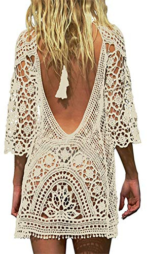 Paréo Femme Plage Mini Robes Grande Taille Tunique Pull Col V Kimono Bohême Mode Bikini Cover Up Crochet Blouse (One Size, Dos Nu Beige)