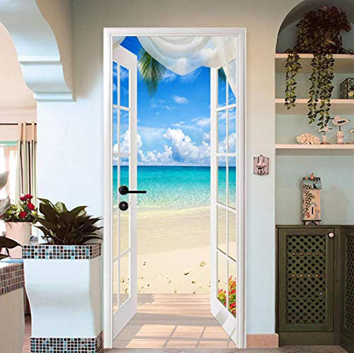 QHWLKJE Arte de puerta 3D Vista a la playa PVC Adhesivo Pegatina Vinilos Decorativos para Puerta Pared Cocina Sala de Baño 77x200cm