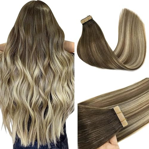 GOO GOO Tape in Extensions Echthaar, Tape Extensions Echthaar, 40cm 50g 20pcs, Extensions Echthaar, Haarverlängerung Echthaar, (T3/8)613 Ombre Blond