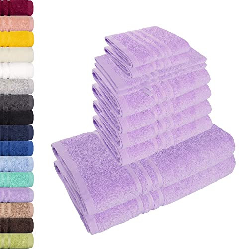 Lavea 10-teiliges Handtuchset Elena aus 100% Baumwolle - Lavendel, 4 x Handtuch, 2 x Duschtuch, 2 x Gästetuch, 2 x Waschhandschuh, Handtücher Set weich, saugstark & pflegeleicht – Oeko-TEX