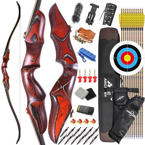 AMEYXGS Take Down Arco ricurvo con frecce Set 58 '' Longbow ILF Arti dell'Arco 20-50lb Arco da Caccia con Accessori per tiro con L'Arco Arco Adulto Tiro all'aperto Mano Destra (Rosso, 25lbs)