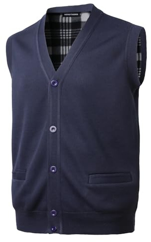 Herothorn Men's V-Neck Gilet Sweater Vest Waistcoat Fine Knit Sleeveless Cardigans Gentleman Fleece Lined Knitwear Tank Tops with Buttons Navy Blue