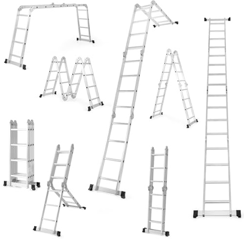 COSTWAY 7 i 1 aluminiumstege 4,6 m, multifunktionsstege aluminium med lastkapacitet 150 kg, fällbar stege trappstege 4 x 3 steg, multifunktionsstege vikbar för hem och utomhus