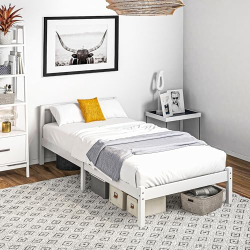 HOMCOM Cadre de lit en Bois Massif 90x190 cm Lit Simple avec tête intégrée et Sommier à Lattes Solide pour Enfants Adultes Blanc