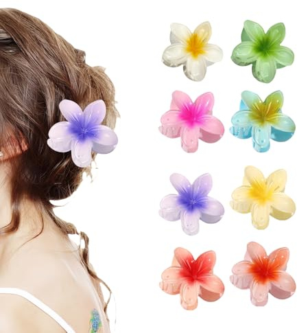 Aucuu Blomma hårklämmor 8 stycken, blomma hårklämmor, flerfärgad akrylhårspänne, halkfria hårklämmor, starkt grepp, Hawaii hårspännen, blomma hårspännen dam för tjockt tunt hår
