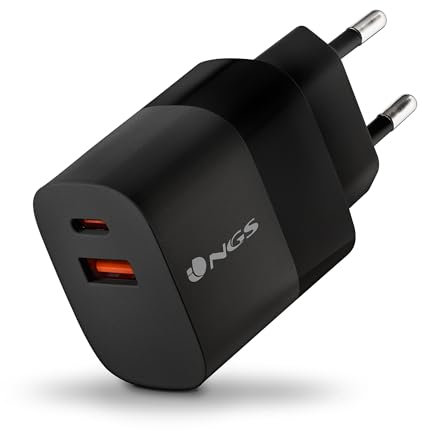 NGS Bud 45W - Cargador de Pared ultrarrápido con 2 Puertos USB-C(PD & PPS 45W) USB-A(QC 3.0 18W) Compacto y portátil para Smartphones Tablets laptops Materiales GAN ignífugos Carga simultánea Segura