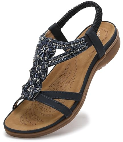 Littleplum Damsandaler sommar platt sandalett bohemisk strandsandaler, blå, 37 EU