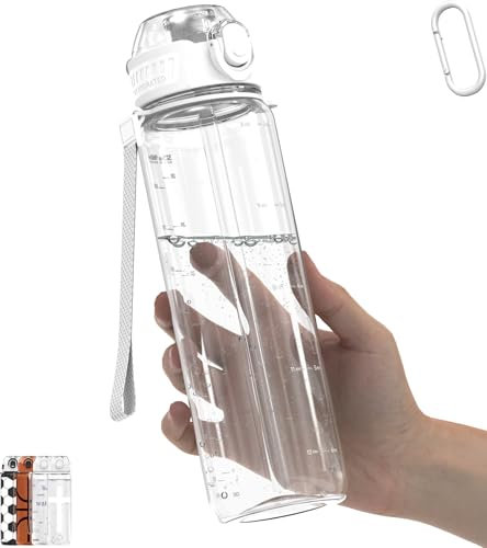 MYFOREST Trinkflasche 1 L, langlebiges Tritan, auslaufsicher, spülmaschinenfest, BPA-frei, sturzsicher, Trinkdeckel/Trinkhalm, Handschlaufe, Karabiner (Minimalismus, Transparent, 960 ml)
