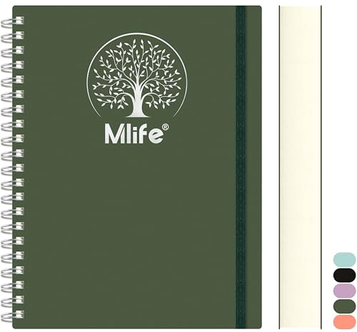 Mlife Carnet B5 ligné, 300 pages, cahier à spirale, couverture rigide en PVC avec imprimé arbre de vie, papier inscriptible 100 g/m², pochettes extensibles, élastiques, 17,7 x 25 cm - Vert