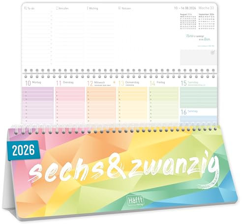 Häfft® Wochen-Tischkalender 2026 quer mit Aufsteller Rainbow 1 Woche 2 Seiten, Schreibtisch-Kalender mit Sprüchen, Wochenkalender 29,7 x 11,6 cm - nachhaltig & klimafreundlich