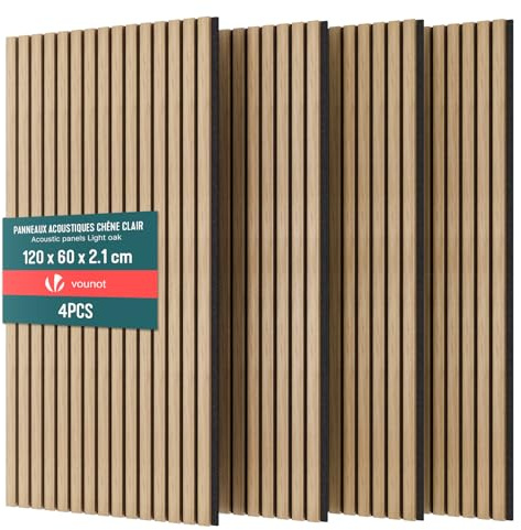 VOUNOT® Wooden Slat Acoustic Wall Panels 4 Pack 120x60 cm, Sound Absorbing Decorative Wood Panelling for Living Room, Bedroom & Office, Light Oak