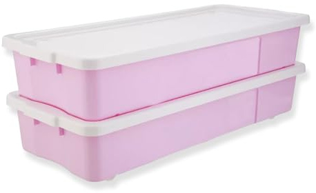 Khanary 47L Underbed Plastic Storage Boxes with Lid Rolling Wheels Container| Nestable Stacking container |Garage Organizer Flat Organizer Box (47 L Underbed Box- Pink, Pack Of 2)