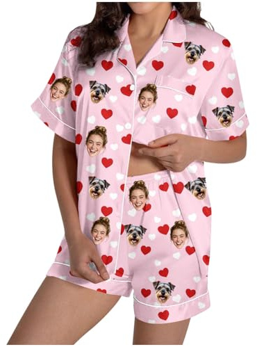 Personalised Photo Pyjamas Women With Photo Face - Custom Pajamas Set Ladies Satin Pyjamas Shorts Set 2 Piece Loungewear Pjs For Womens Sets Silk Personalised Otifits For Women Birthday, S-2XL