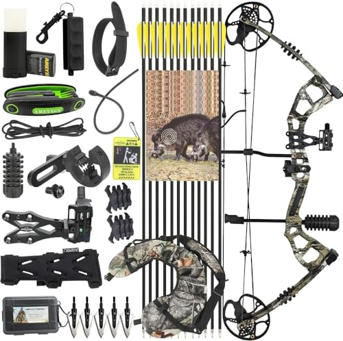 Set arco compound CNC da 0-70 libbre e frecce in carbonio - 80% di let-off, 325 fps IBO, riser in lega di alluminio (RH, per la caccia, il tiro e l'allenamento al tiro)