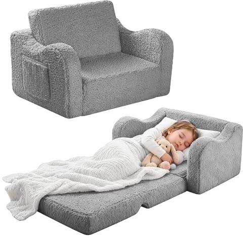 MeYuxg Barnsoffa, hopfällbar 2-i-1 bäddsoffa, barnfåtölj, sherpa, barnsoffa, vikbar barnsoffa för barnrum, barnens dag, grå