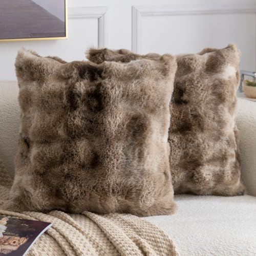 MADIZZ Förpackning med 2 tjocka plysch falsk ull prydnadskuddöverdrag mjuk boho prydnadskuddar lyxiga kuddöverdrag för soffa soffa sovrum vardagsrum heminredning 45 x 45 cm fläckig brun