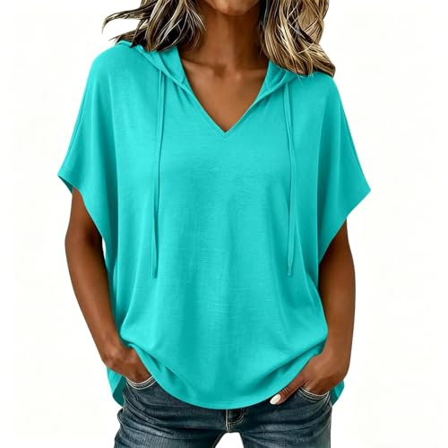 Haut Femme Chic T-Shirt à Capuche Léger Top Col en V avec Cordons Ample Couleur Unie Sweat Manches Courtes Chauve-Souris Tunique Casual pour Sport Quotidien Vacances Detente