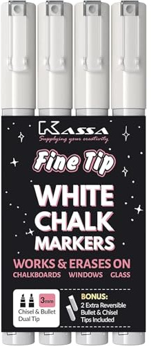 Kassa Fine Tip White Chalk Markers - 4-Pack, 3 mm Dual-Ended Bullet & Chisel - Erasable Liquid Chalk - Dust-Free on Boards, Windows & Mirrors