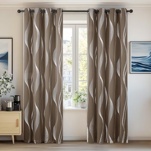 Deconovo Super Soft Wave Line Foil Printed Thermal Insulated Blackout Curtains Window Treatment Eyelet Curtains for Children 55 x 94 Inch Khaki 2 Panels