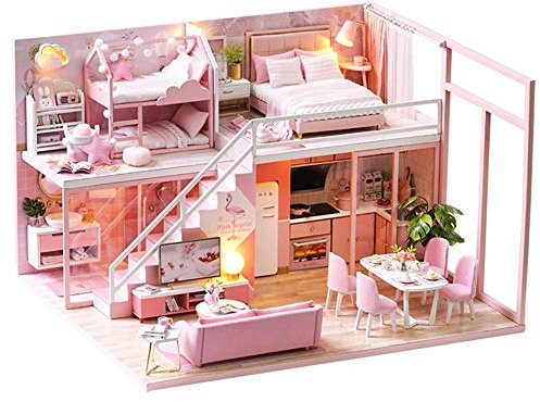 CUTEROOM DIY Miniatur Puppenhaus Kits mit Möbeln, Hölzernes Puppenhaus-Kit mit Musik-Bewegung und LED Lichter