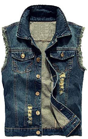 Elonglin Homme Gilet Veste en Jean sans Manches Rétro Déchiré Veste Denim Classique Slim Blouson Casual Biker Outwear Bleu Fonce 6XL