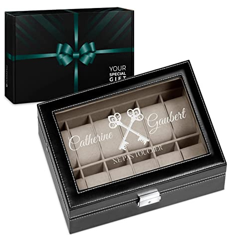 Maverton Boîte à montres avec un couvercle transparent, Coffret noir à personnaliser, Étui pour 12 montres avec vitrine gravée, Coffre à trésors - cadeau pour femmes - clés
