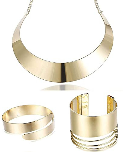 Adramata 3Pcs Schmuck Set Damen Bib Choker Halsketten für Damen Gold Armband Damen Armreif SchmuckSet African Gold Schmuck Set