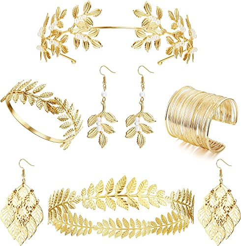 LOLIAS 6 Pezzi Accessori Dea Greca Foglia D'alloro Corona Fascia Fascia Braccio Braccio Rocchetto Bracciale Foglia Orecchino di Perla Sposa Copricapo da Sposa Bigiotteria