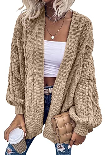 Dyexces Womens Oversized Cardigan Sweaters Open Front Cable Knit Lantern Long Sleeve Chunky Outwear Coats Khaki