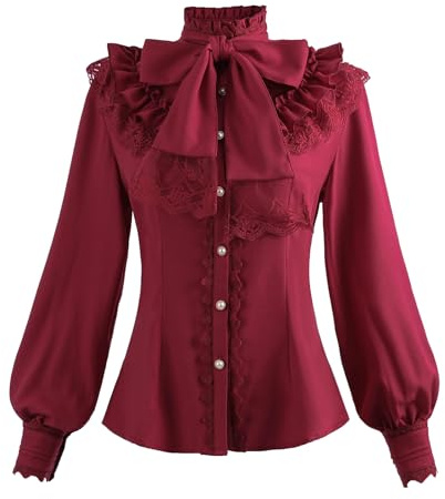 Fiamll Blusa victoriana para mujer, estilo vintage, con lazo, cuello alto y volantes, manga larga, rosso, M