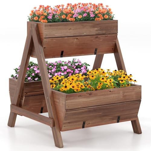 COSTWAY Letto da Giardino Rialzato Verticale con 3 Fioriere in Legno e Fori di Drenaggio, Fioriera a Scala per Frutta, Verdura e Fiore, Aiuola per Interno ed Esterno, 66 x 73 x 73 cm