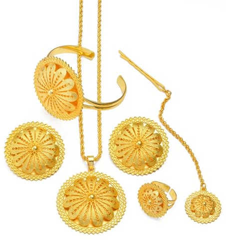 ETH-JE-G Ethiopian Jewelry Set for Women - Traditional Necklaces, Earrings, Rings, Bracelets - Eritrean Wedding Gifts and Dowry