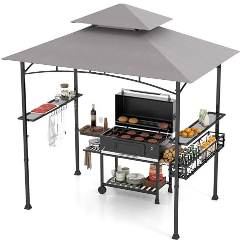 HOMASIS Cenador para Barbacoa con Techo Lateral, Pérgola de Jardín con Doble Techo, 2 Mesas y Ganchos, Carpa Cargada Exterior, Toldo Pergola para Parrilla (Gris + Negro, 242 x 153 x 250 cm)