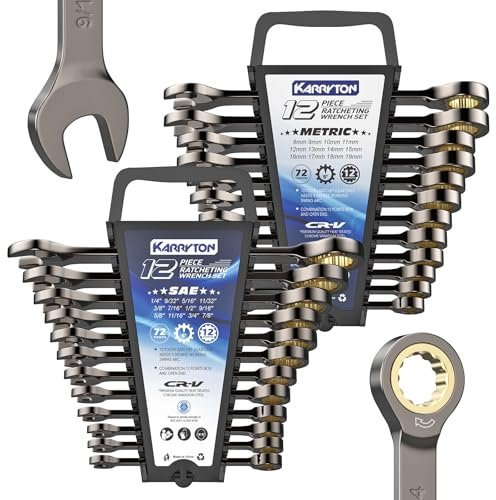 KARRYTON 24-Piece Ratcheting Wrench Set (Metric & SAE),72 Teeth Ratchet Combination Wrenches Set with Two Organizer Racks,Cr-V Steel,8-19mm & 1/4-7/8,Black Nickel Handle with Golden Ratchet