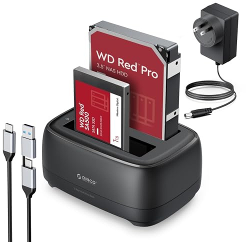 ORICO Hard Drive Docking Station USB 3.2 Gen 1 to SATA Hard Drive Enclosure Dual Bay for 2.5&3.5 Inch SSD HDD Up to 40 TB with 12V Power Supply, Tool-Free and UASP Supported (DD28C3)