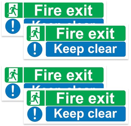 RDLCAR Fire Exit Keep Clear Sign Pack of 4 Self Adhesive Fire Exit Signs 300mm x 150mm Fire Exit Stickers for Indoor and Outdoor Use