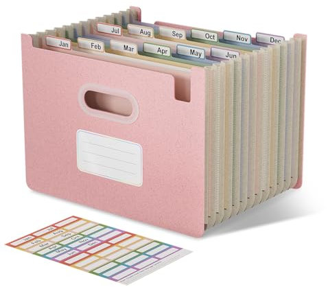 EcoStash Dokumentenmappe A4 12 Fächer, Weizenstroh Fächermappe Sortiermappe Bunte Ordner Organizer, Akkordeon Aktenmappe, Aufrecht und Oben Offen, BPA-frei, Zurück zur Natur,Gesundes Leben-Erdbeerrosa