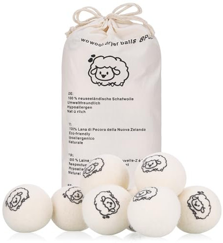 8 bolas de secado de 8 cm, 100% puras para secadora, 100% natural, sin químicos, antiestáticas, reduce las arrugas y el tiempo de secado